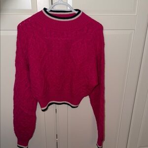 MOTHER Fuchsia Cable Knit Crewneck Sweater with Contrast Trim
